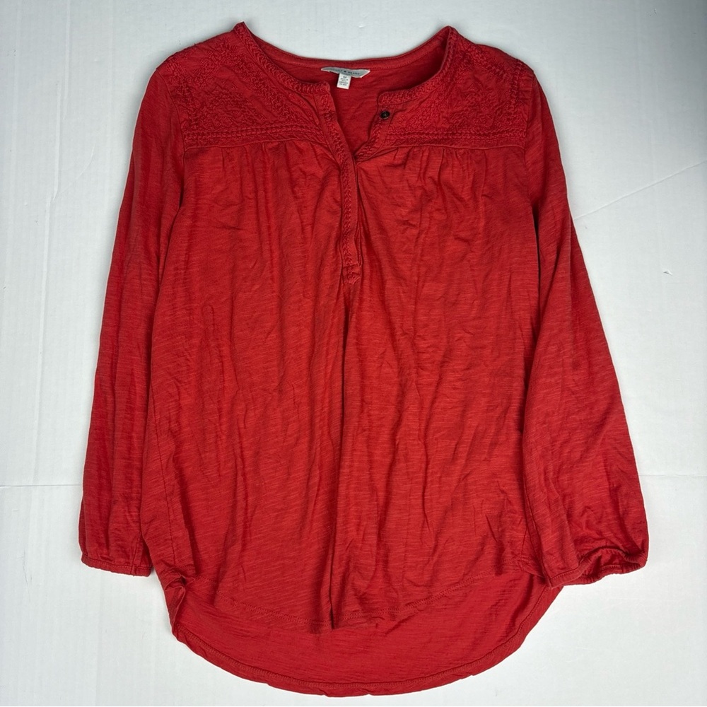 Lucky Brand Women's Medium Shirt Orange Crochet Peasant Cotton Button Neck